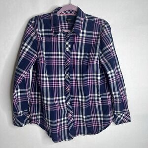 Talbots Womens Navy Pink Plaid Long Sleeve Button Up Down 100% Cotton Shirt L